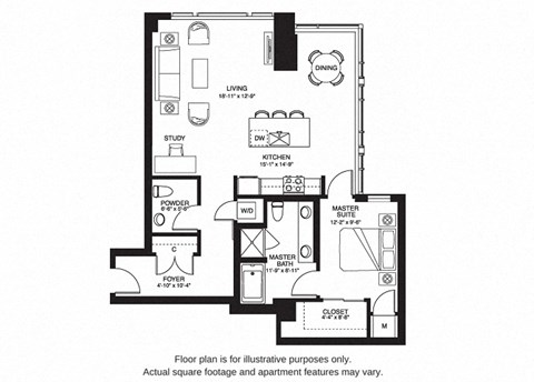 Floor plan for 1 bed, 1.5 baths, 1042 sqft